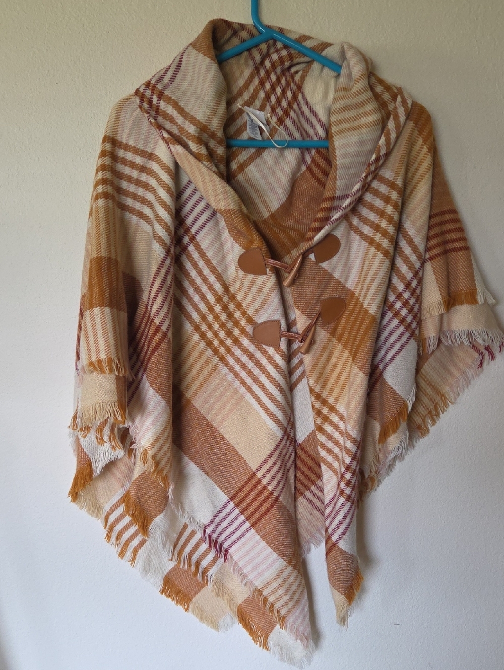 Sonoma Plaid Hooded Toggle Poncho in Cream, Tan & Brown